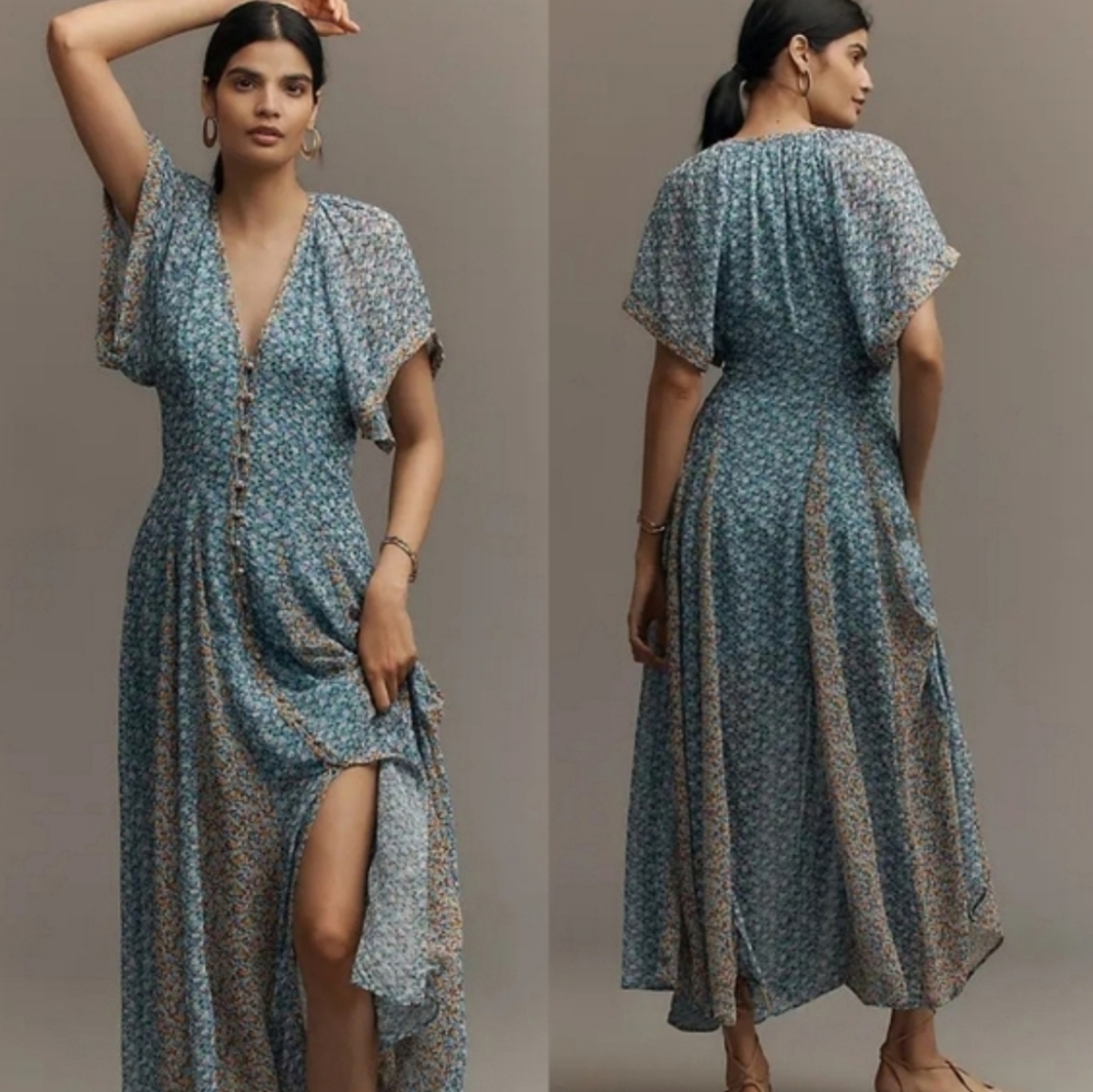 New!Maeve By Anthropologie Pleated Smocked Floral Maxi Dress‎